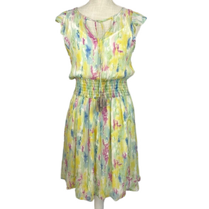 Anthropologie Dress Women’s 8 Yellow Watercolor Smocked Waist Flutter Sleeve Fai